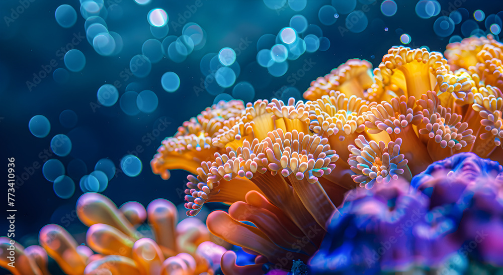 Naklejka premium Coral reef ecosystem, underwater beauty. Close-up of coral reef polyp textures.