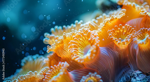 Coral reef ecosystem, underwater beauty. Close-up of coral reef polyp textures.