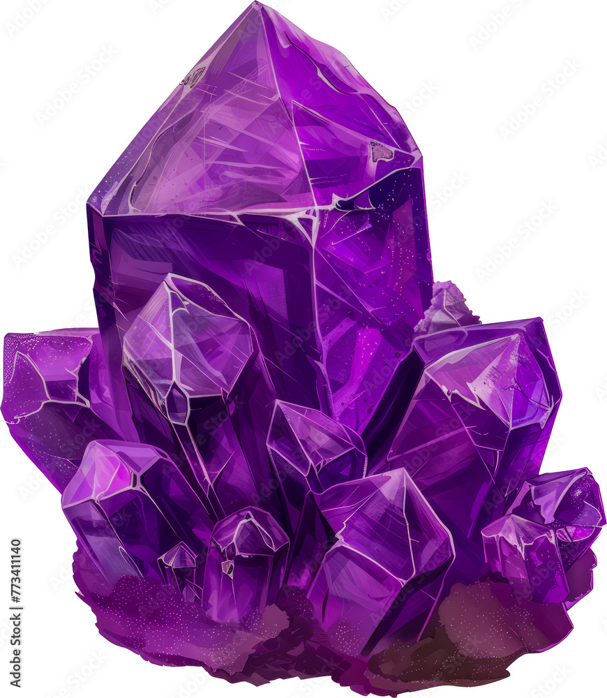 Vivid purple amethyst crystal cut out on transparent background