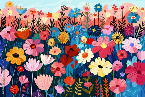 Vibrant abstract flower meadow  colorful wild blooms and plants illustration  nature art