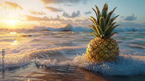 A deliciously ripe pineapple rests on the crest of the ocean waves, basking in the warm rays of the sun at sunset