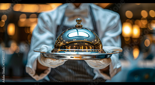 Fototapeta Naklejka Na Ścianę i Meble -  Close-up of a waiter in white gloves serving a silver tray of cloche.