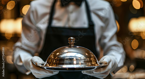 Close-up of a waiter in white gloves serving a silver tray of cloche. photo