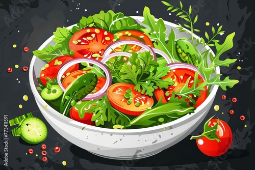 Vegan salad bowl with raw vegetables, healthy plant-based meal, organic ingredients on dark background, food illustration