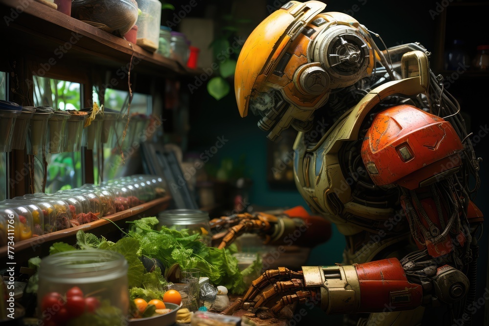 Futuristic astronaut in a modern kitchen preparing a healthy meal of greens and tomatoes