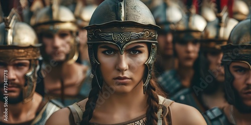 Female hoplite stands confidently among male soldiers showcasing her formidable armor and weapons earning respect with her strength and bravery. Concept Warrior Princess, Ancient Combat photo
