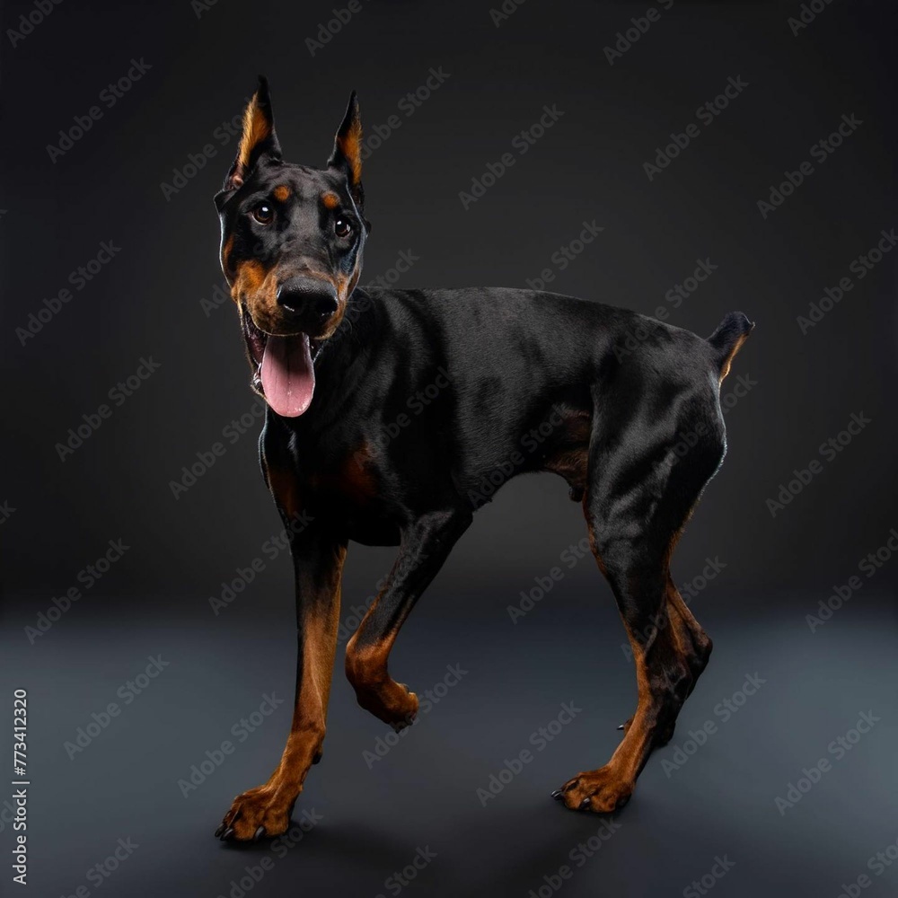 Beautiful doberman dog isolated on black background. looking at camera .front view.dog studio portrait.happy dog .dog isolated .puppy isolated .puppy closeup face,indoors.cute puppy isolated . Beautiful doberman dog isolated on black background. looking at camera .front view.dog studio portrait.happy dog .dog isolated .puppy isolated .puppy closeup face,indoors.cute puppy isolated .