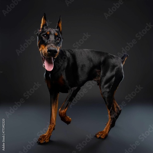Beautiful doberman dog isolated on black background. looking at camera .front view.dog studio portrait.happy dog .dog isolated .puppy isolated .puppy closeup face indoors.cute puppy isolated .