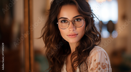 Portrait d'une belle femme aux cheveux bruns, portant des lunettes, modèle de beauté.