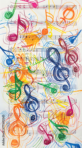 Colorful scribble lines forming music notes.