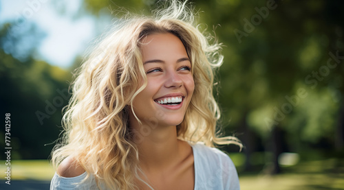 Portrait d'une belle femme aux cheveux blonds, heureuse et souriante, modèle de beauté, image avec espace pour texte.