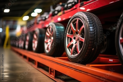 A row of new automobile wheels and tires mounted on a rack in a factory warehouse