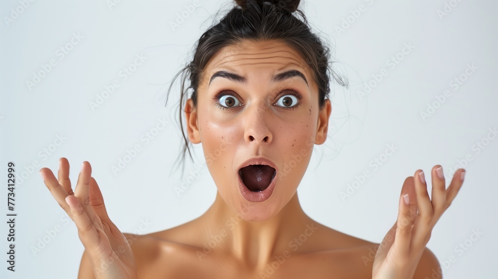 Latin woman expressing surprise and shock emotion with her mouth open and big wide open eyes isolated on white background Latin woman expressing surprise and shock emotion with her mouth open and big wide open eyes isolated on white background