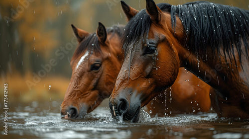 Gescheckte Pferde beim Baden im Fluss