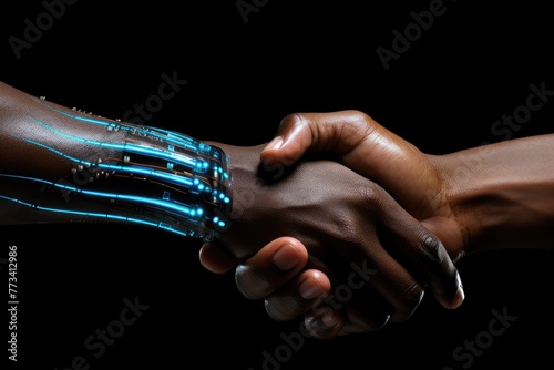 African American man and robot handshake with glowing circuit board pattern on robotic arm