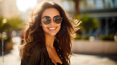 Portrait d'une belle femme aux cheveux bruns portant des lunettes de soleil, heureuse et souriante, modèle de beauté.