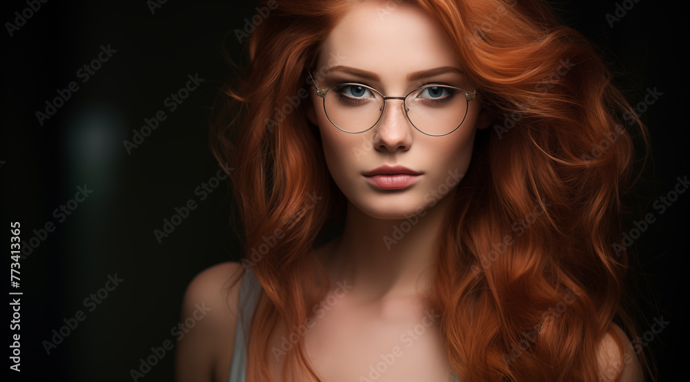 Portrait d'une belle femme aux cheveux roux portant des lunettes, modèle de beauté.