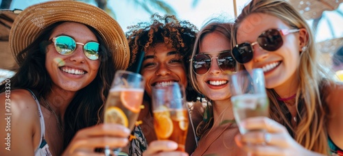 A group of happy young people get together to celebrate the idea of summer parties, lifestyles, summer drinks, cocktails, lemonade, travel concepts
