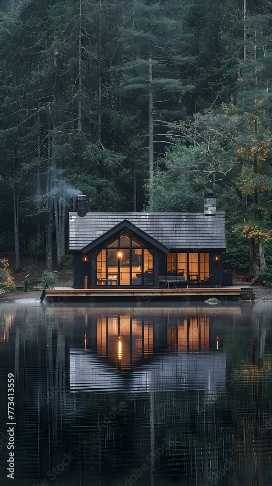 Fototapeta premium Tranquil Lake House Retreat Amidst Forest Serenity