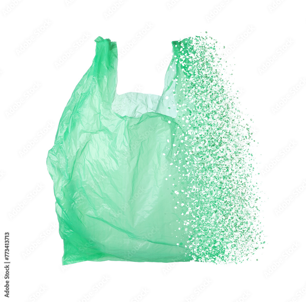 Green disposable bag vanishing on white background. Plastic decomposition