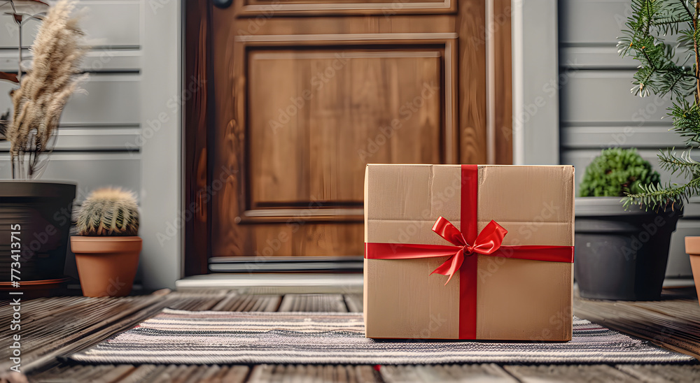 Parcel delivery on the doorstep, mat at the entrance. Home parcel delivery service. Parcel delivery on the doorstep, mat at the entrance. Home parcel delivery service.