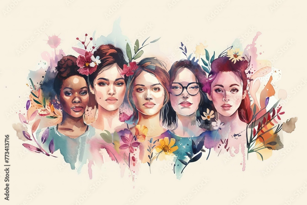 Watercolor illustration of diverse happy women celebrating International Women's Day - Banner design
