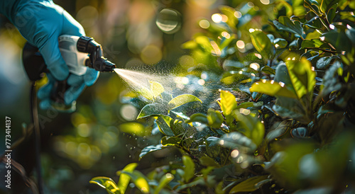 Spraying of pesticide preparations on the green foliage of the shrub. © lutsenko_k_