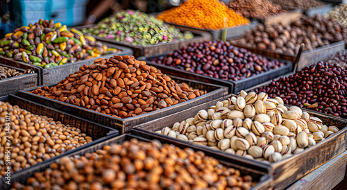 A variety of nuts in bulk at the farmer's market.