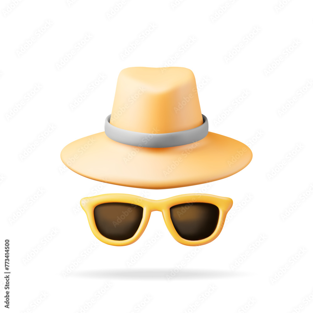 3d Yellow Sunglasses and Straw Hat Icon Isolated on White. Render Sun Glasses and Cap Symbol. Concept of Summer Vacation or Holiday, Time to Travel. Beach Relaxation. Realistic Vector Illustration