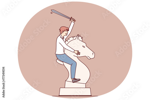 Man with sword astride huge horse chess piece symbolizes determination and readiness for bold action. Business concept of competition between corporation managers