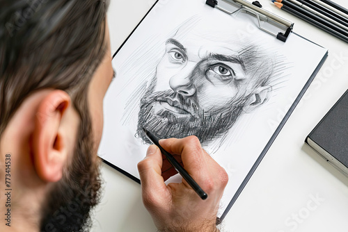 An artist draws a self-portrait in pencil