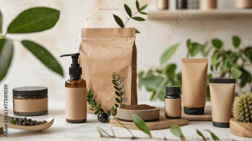  mockup for eco cosmetic. Eco-Friendly Skincare Products on a Natural Wood Surface