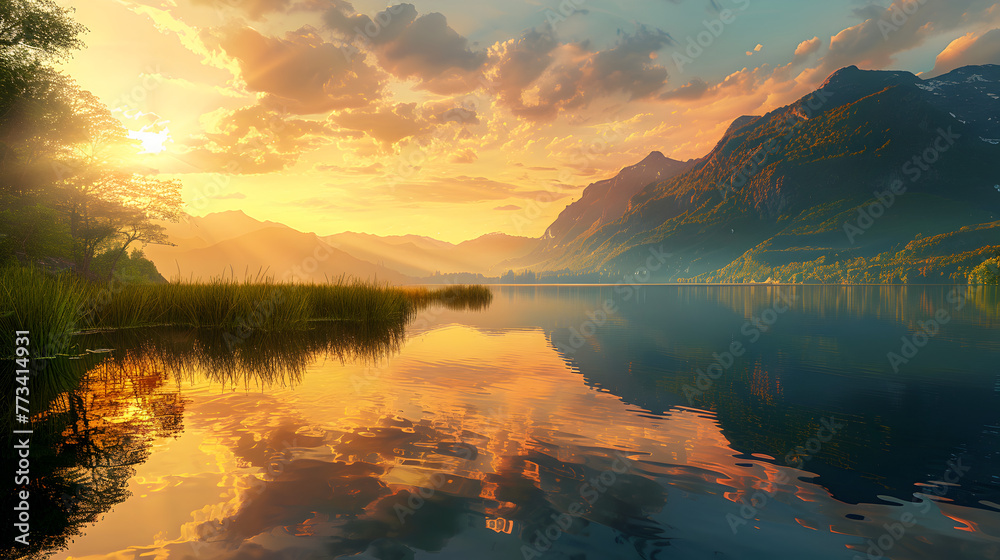 Serene Lake Scenery with Lush Mountains at Sunset