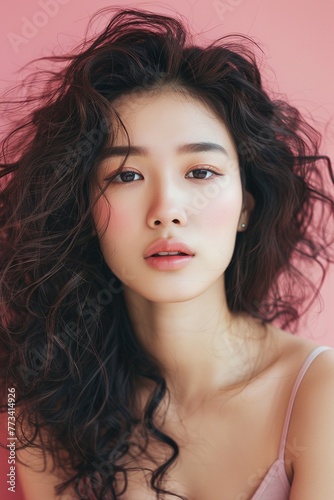 Stylish Asian Beauty: Young Woman with Curly Hair and Korean Makeup