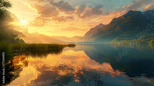 Serene Lake Scenery with Lush Mountains at Sunset