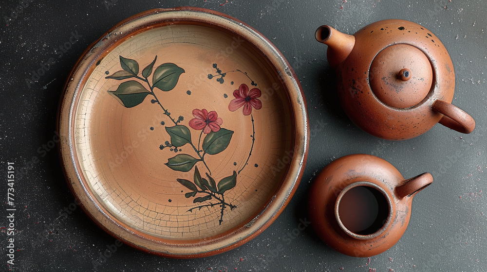 top view flat lay of peach Plate and Teapot, pottery craftship, artistic clay pieces
