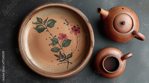 top view flat lay of peach Plate and Teapot, pottery craftship, artistic clay pieces photo