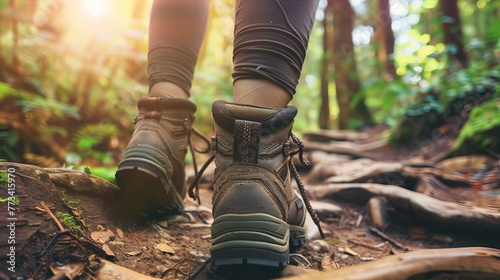 woman hiking in forest and mountains, wearing trekking boots photo
