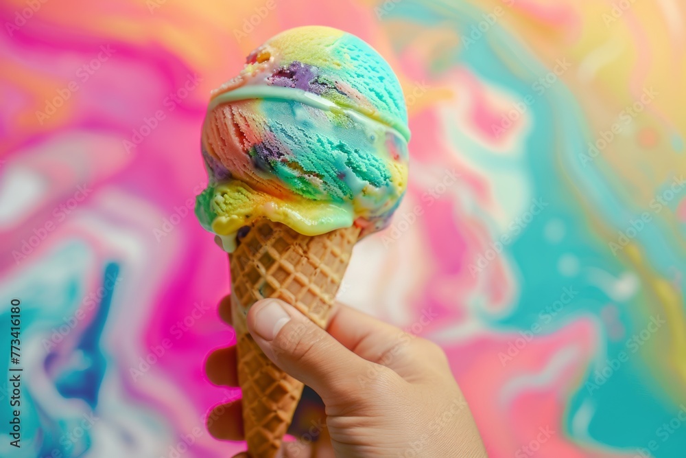 A man's hand holding an  colored ice cream cone in colored background