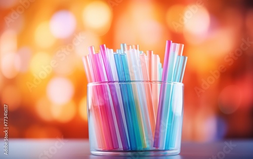 Colorful straws filling a glass on a wooden table