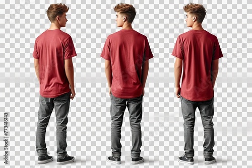 Set of red tee t shirt round neck front, back and side view on transparent background cutout photo