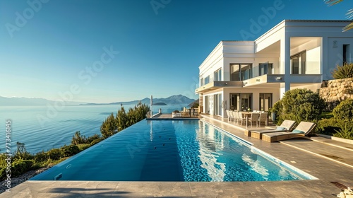 greek mediterranean house with swimming pool by the sea  concept of travel and tourism
