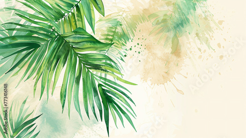 watercolor green palm leaves on a light background, detailed, hyper realistic painting in the style of oil, atmospheric, light colors