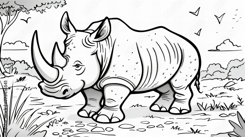 Fototapeta premium coloring book rhino cartoon illustration, drawing outline for children
