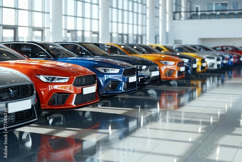 Wide banner showcasing diverse lineup of new cars in showroom, 3D rendering photo