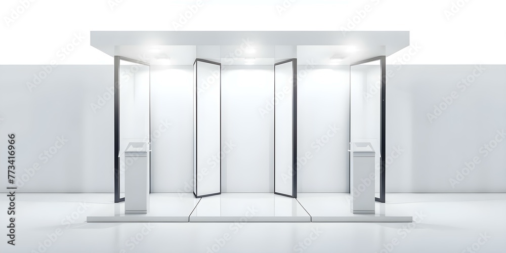 Empty white information booth with blank vertical banners for displaying ads and products at trade shows. Concept Trade Show Booth, Blank Banners, Information Display, Advertising Space Empty white information booth with blank vertical banners for displaying ads and products at trade shows. Concept Trade Show Booth, Blank Banners, Information Display, Advertising Space