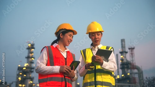 Happy beautiful Asian woman engineers using digital tablet working and shaking hands together after going through routine checks, late a night shift at petroleum oil refinery in industrial estate.  photo