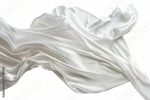 White silk fabric flying, isolated on white background, smooth and elegant textile photography photo