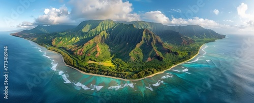 An island stands isolated in the vast expanse of the ocean, surrounded by endless waves under a clear sky photo