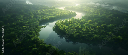 A lush green forest with a river running through it. The river is calm and clear  reflecting the surrounding trees and sky. The scene is peaceful and serene  with the natural beauty of the forest